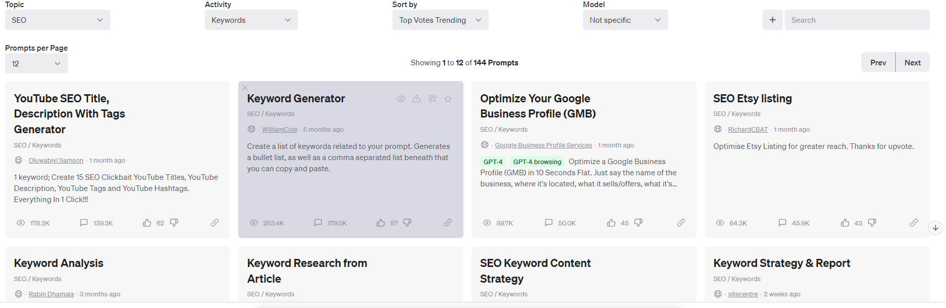 "Topic"에서 "seo"를 선택하고 "Activity"에서 "Keywords"를 선택했을때 나오는 프롬프트 템플릿