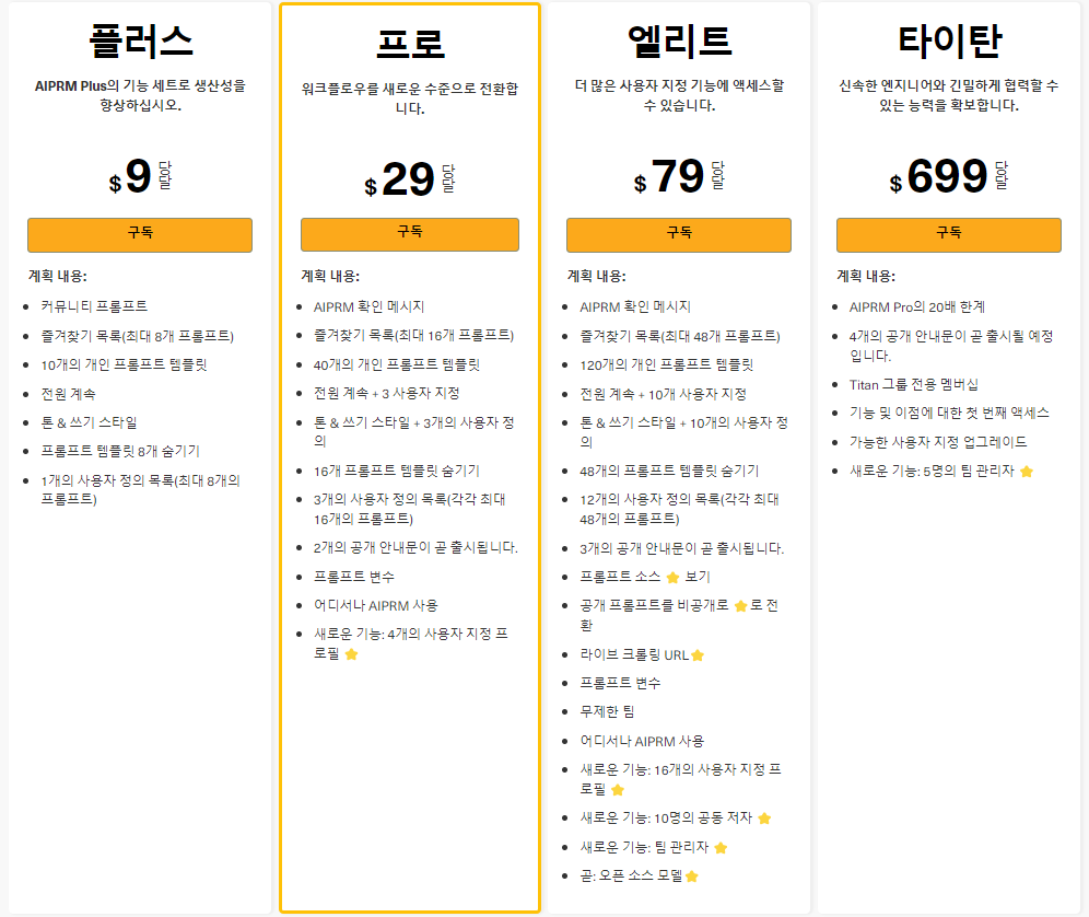 유료결제 서비스에 대한 이미지로 플러스,프로,엘리트,타이탄 4가지 종류가 있다.