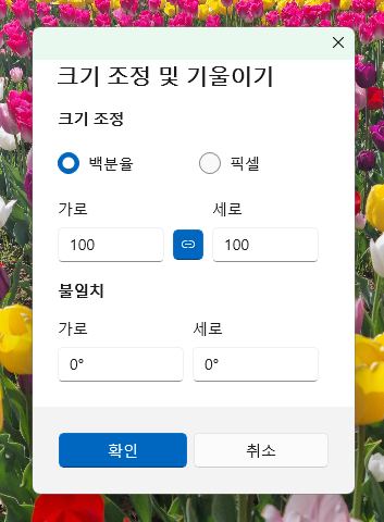 크기 조정 백분율 및 픽셀 