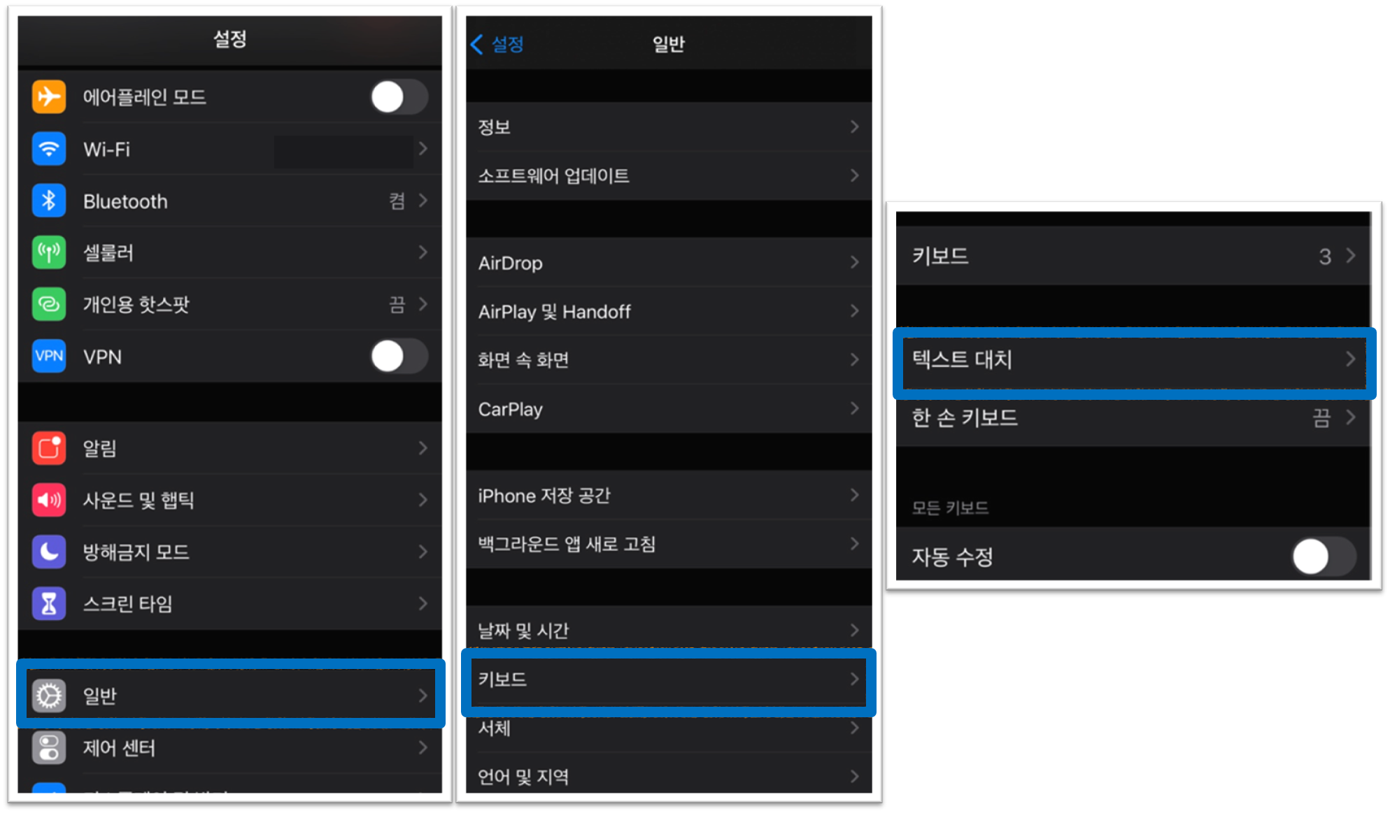 아이폰 텍스트대치 모음 설정
